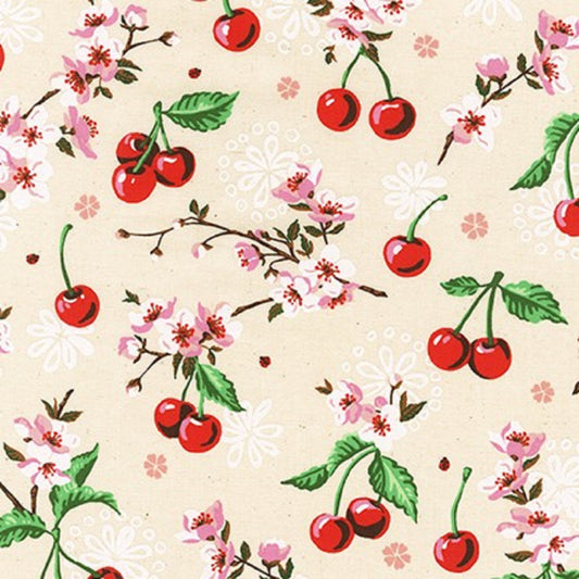 Cherries & Blossoms Tossed on Natural B/G-Robert Kaufman-F/Q