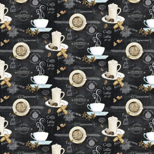 Deja Brew Coffee Cups on Black B/G-P&B Textiles-BTY