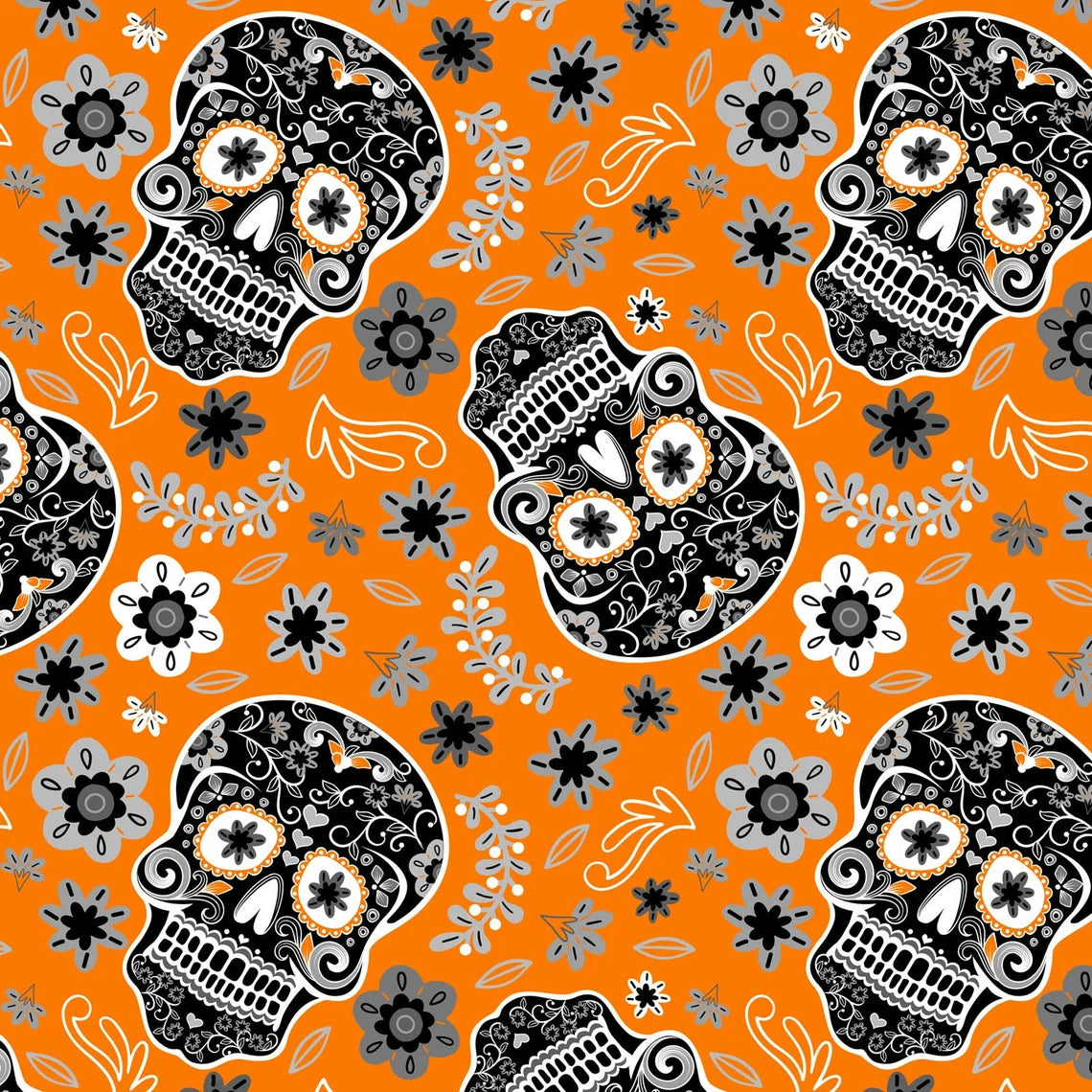 Black Sugar Skulls-Orange Background-David Textiles-By The Yard