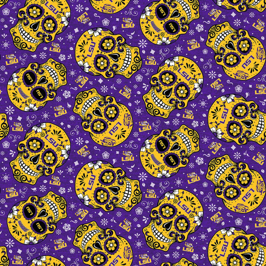 LSU Sugar Skulls Tossed on Purple-Gold and Purple Print-BTY
