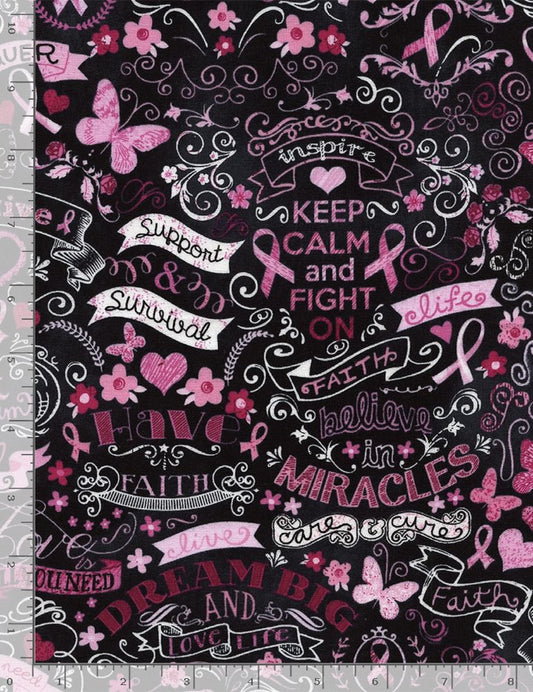 Breast Cancer Ribbons & Words-Black Chalkboard-Timeless Treasures-BTY