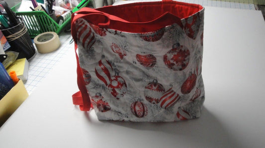 Christmas Ornaments Hanging on Silver Background— Machine-Quilted Tote Bag