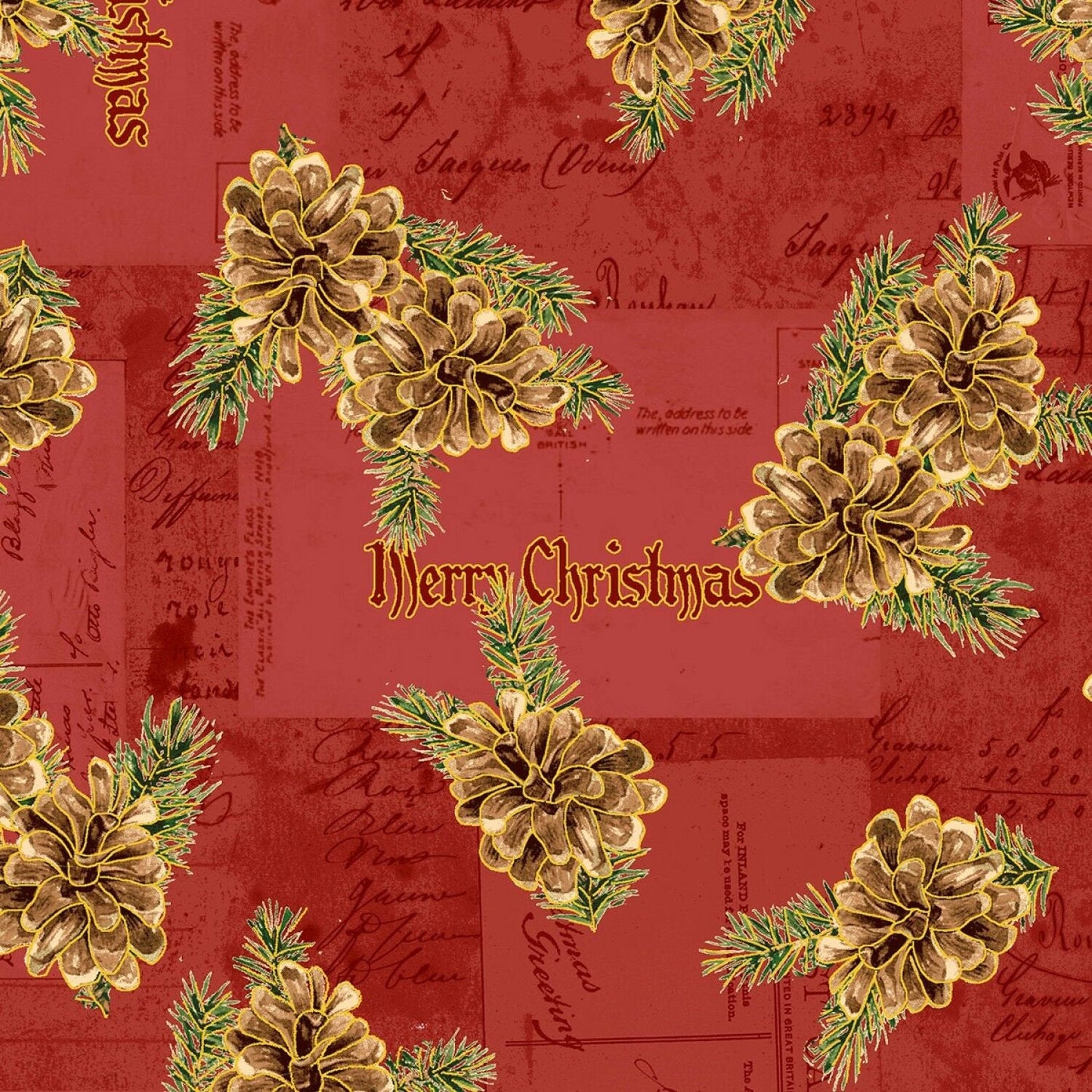 Christmas Memories "Pine Cones on Red B/G"-Washington Street Studios-Fat Quarter