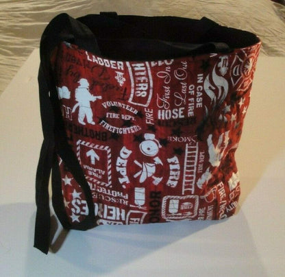 Machine-Quilted Tote Bag-Firefighter Words & Symbols on Red B/G