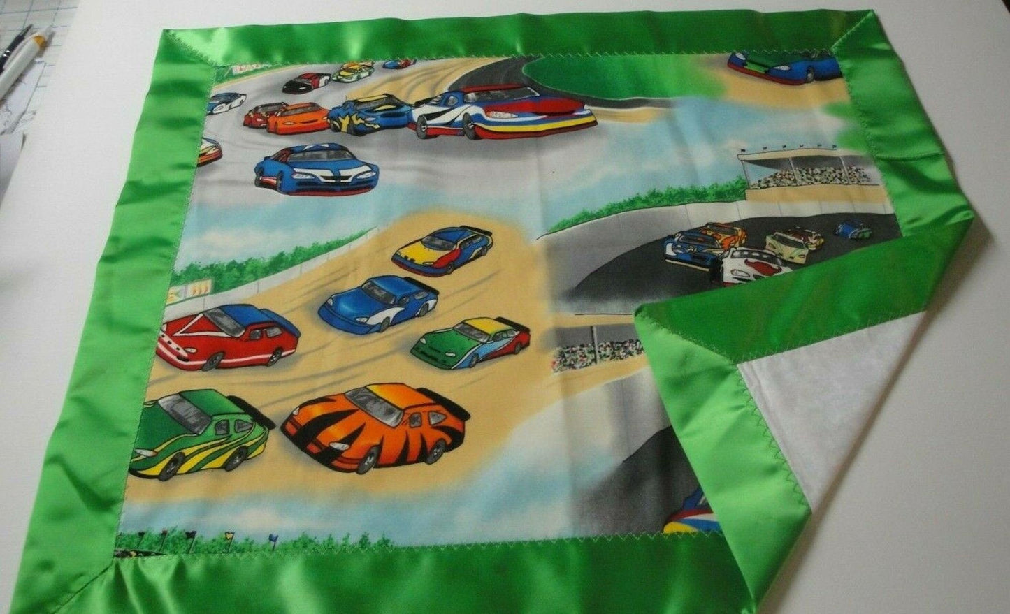 Lovey-Race Cars w/Green Satin Binding