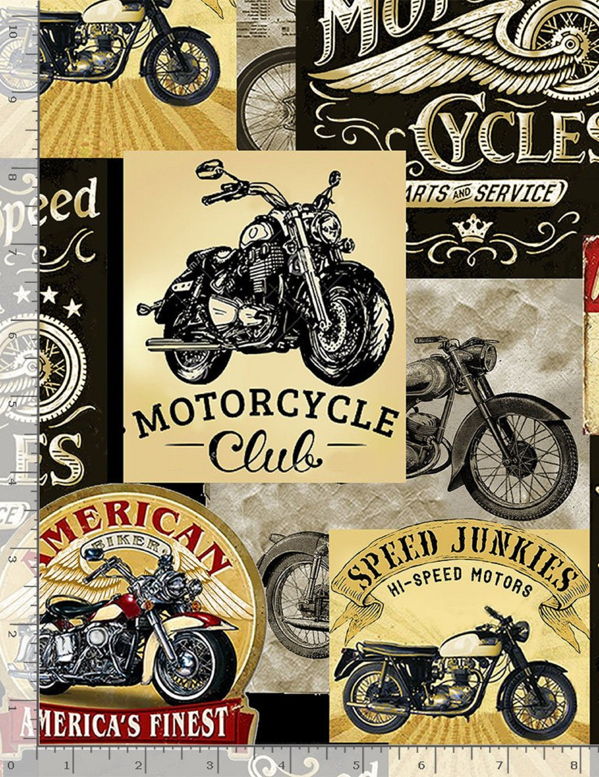 Vintage Motorcycle Signs on Cream B-G-Timeless Treasures-BTY