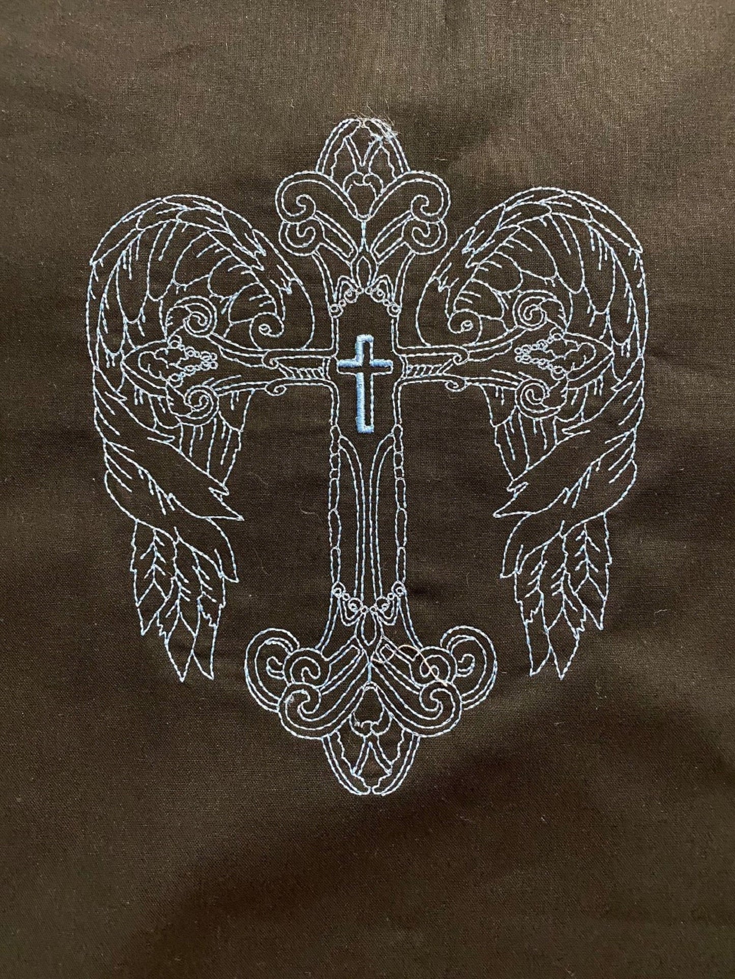 Blue Machine Embroidered Angel Cross on Black-#9