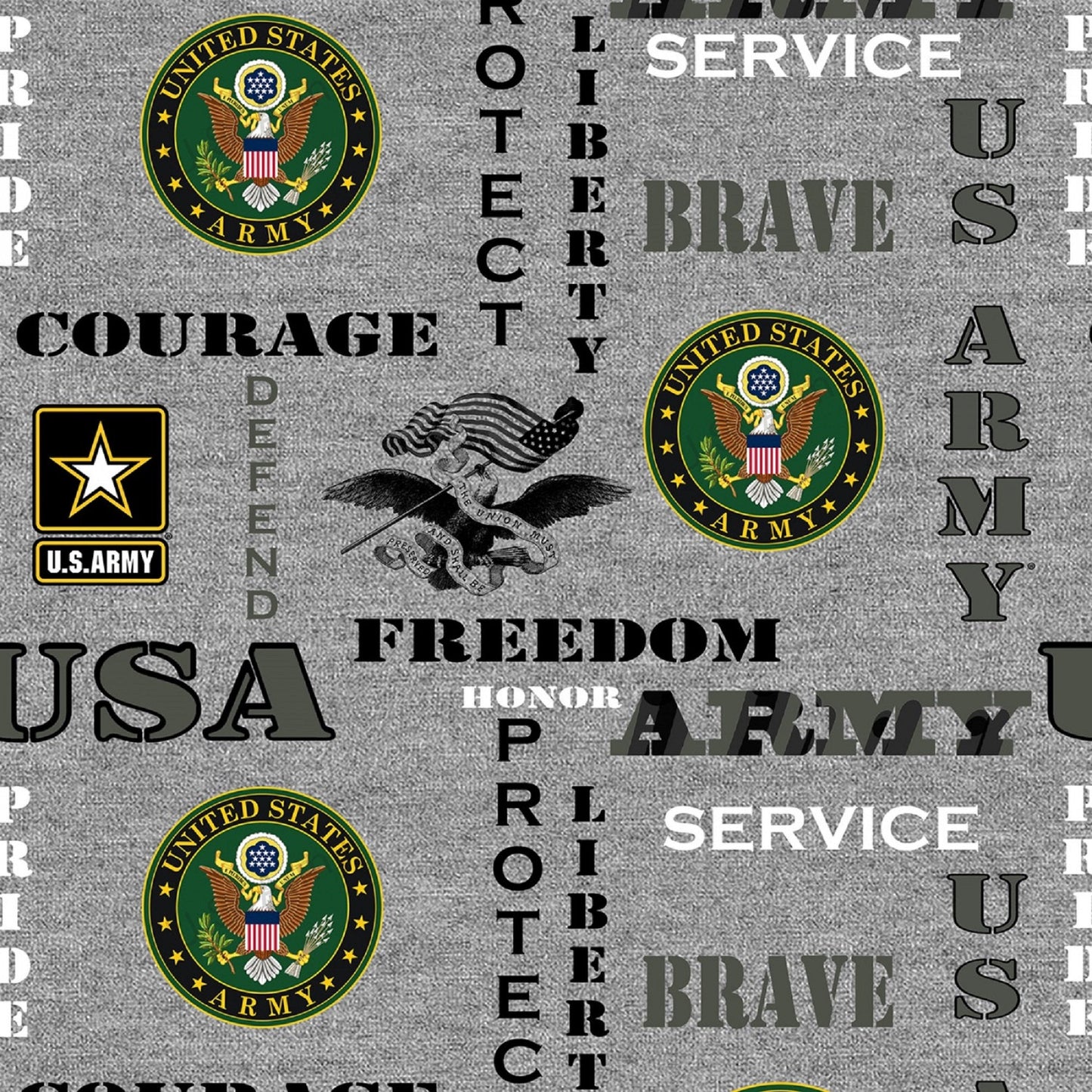 Army Logo & Words on Heather Grey B/G-Sykel Enterprises-Fat Quarter