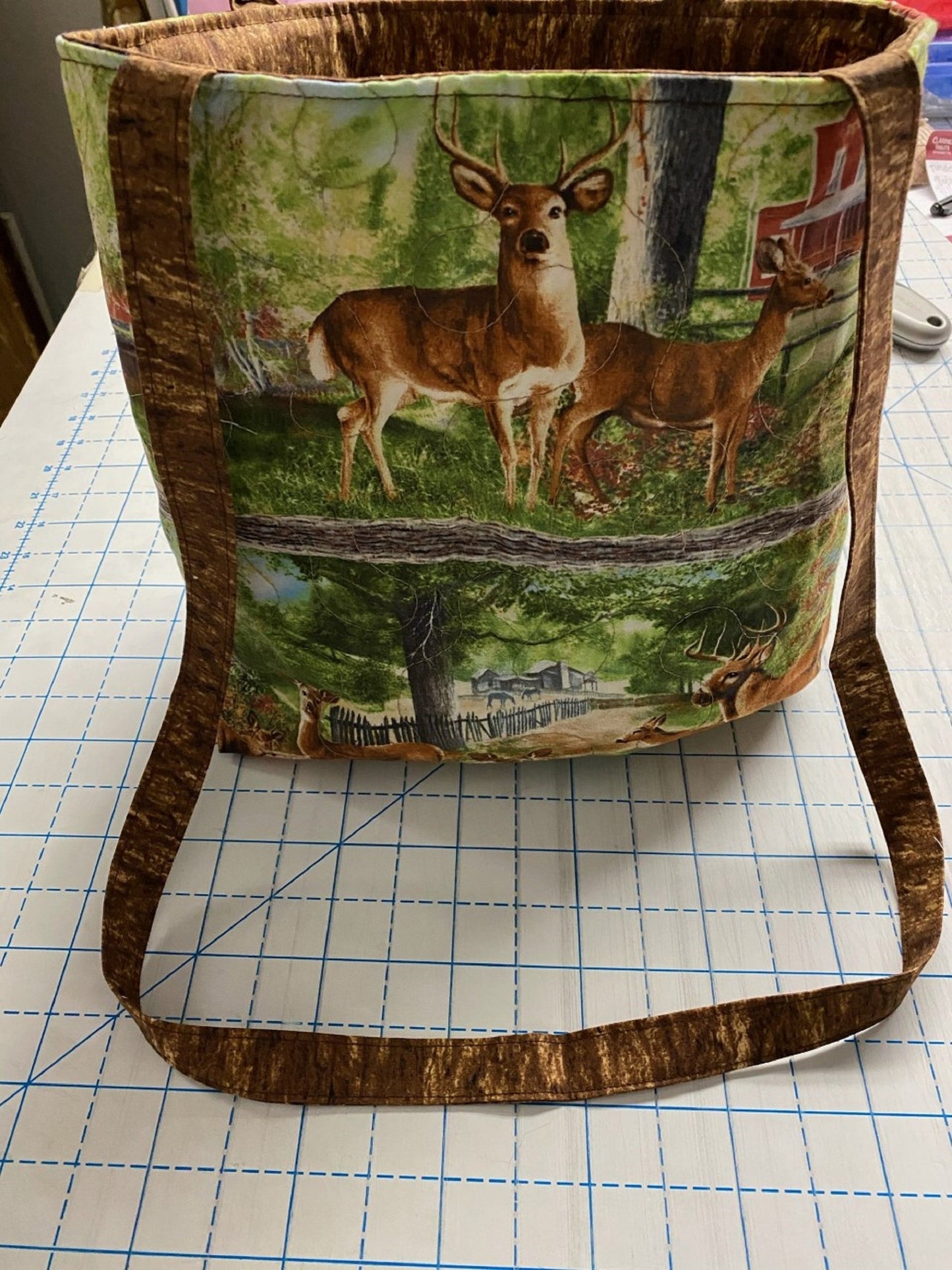 Deer in Forest Horizontal Stripe— Machine-Quilted Tote Bag