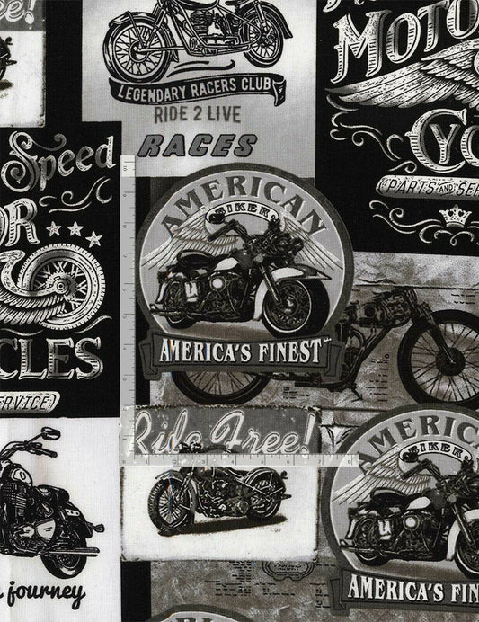 Vintage Motorcycle Signs Black & White-Timeless Treasures-Fat Quarter