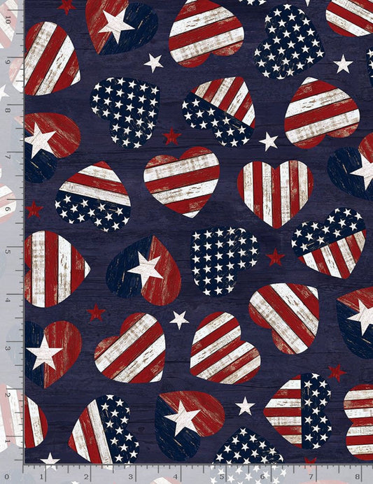 American Flag Hearts on Navy B/G-Timeless Treasures-BTY