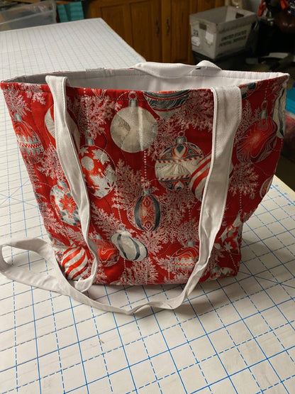 Machine-Quilted Tote Bag-Christmas Red & Silver Ornaments Hanging