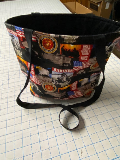 Machine-Quilted Tote Bag-United States Marines Collage w/Black Lining