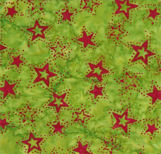 Crimson Stars on Green B/G-#5545-Batik Textiles-Fat Quarter