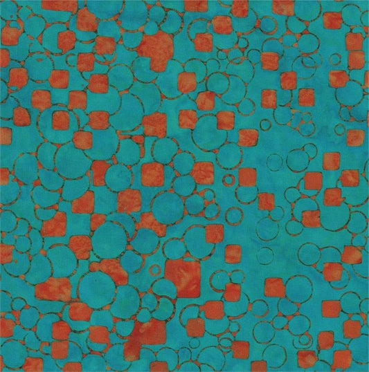 Orange Squares & Circles on Blue B/G-#5534-Batik Textiles-Fat Quarter