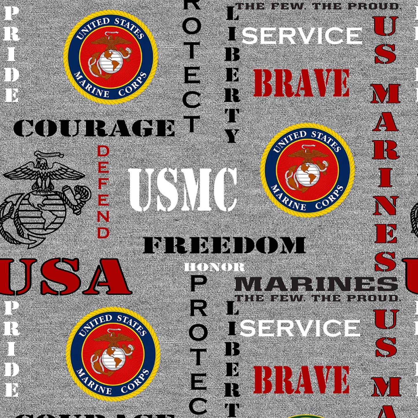 Marines Logo & Words on Heather Gray B/G-Sykel Enterprises-Fat Quarter